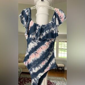 Envya women’s one piece shoulder Ruffed collar in blue gray and pink swimsuit